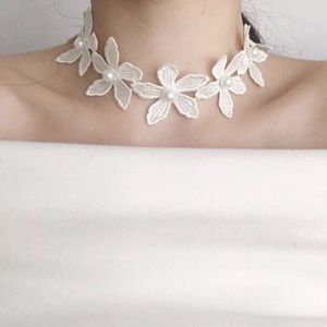 White Pearl Lace Choker Necklace Flowers Floral Bridal Bride Party